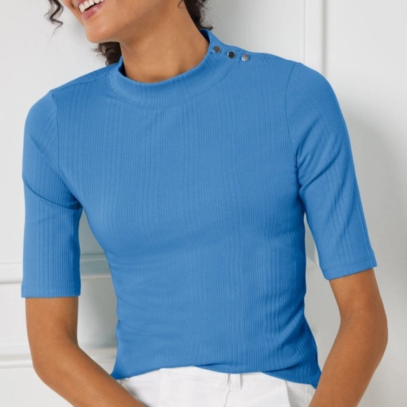 Talbots Ribbed Mockneck Tee Blue New - Picture 2 of 3